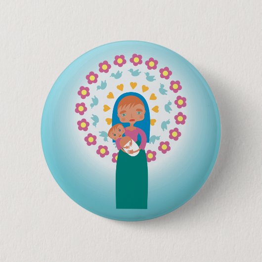 Mutter Mary und Baby Jesus unter blauem Himmel Button (Vorderseite)