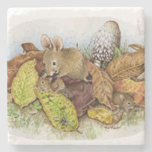 Mutter Maus und Babys in den Blätter Steinuntersetzer