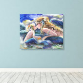 Mutter Meerjungfrau und Kind in Blau Leinwanddruck (Insitu (Holzboden))