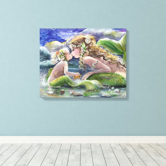 Mutter Meerjungfrau und Kind in Grün Leinwanddruck (Insitu (Holzboden))