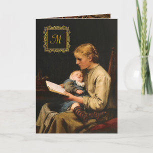 Mutter mit ihrem Baby Vintage Gold Monogramm Karte