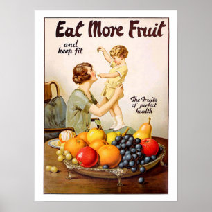 Mutter mit ihrem Kind, isst mehr Obst, vintage Poster