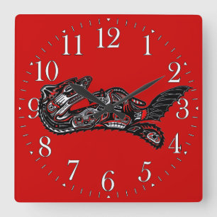 Mutter Otter im haida-Stil und Baby Otter Upper Ar Quadratische Wanduhr