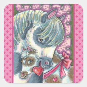 MUTTER PONY & IHR NIEDLICHER VALENTINE FILLY, PFER QUADRATISCHER AUFKLEBER
