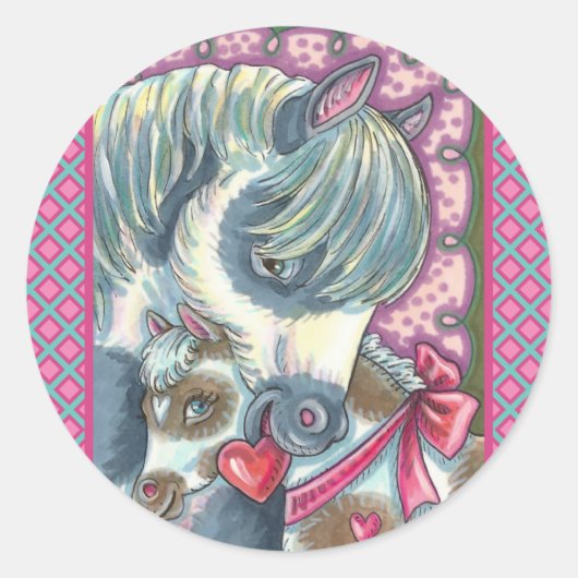 MUTTER PONY & IHR NIEDLICHER VALENTINE FILLY, PFER RUNDER AUFKLEBER (Vorderseite)