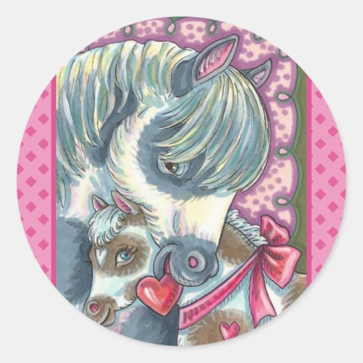 MUTTER PONY & IHR NIEDLICHER VALENTINE FILLY, PFER RUNDER AUFKLEBER (Vorderseite)