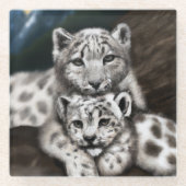 Mutter Schneeleopard und Cub in den Bergen Glasuntersetzer (Vorderseite)