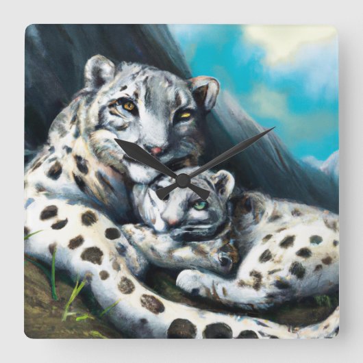 Mutter Schneeleopard und Cub in den Bergen Quadratische Wanduhr (Vorderseite)