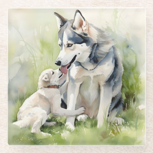 Mutter Sibirische Husky Hund Mama Anstrich Hinterg Glasuntersetzer (Vorderseite)
