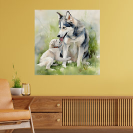 Mutter Sibirische Husky Hund Mama Anstrich Hinterg Poster