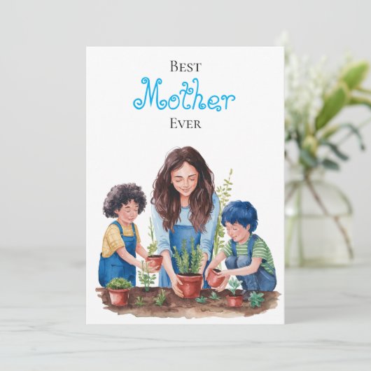 Mutter & Sohn Planen Unterricht Wasserfarben Bild Karte (Stehend Vorderseite)