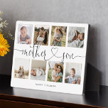 Mutter Son Heart Script | Foto Grid Collage Fotoplatte<br><div class="desc">Ein besonderes und unvergessliches Foto-Collage-Geschenk für Mutter und Sohn Das Design verfügt über ein 8-Foto-Collage-Layout, mit dem acht eigene Fotos für Mutter und Sohn angezeigt werden können. "Mother Son" ist in einem stilvollen schwarzen Skript und Herz-Design-Kalligraphie entworfen und mit dem Namen der Mutter und des Sohnes angepasst. Ein unvergessliches und...</div>