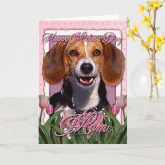Mutter-Tag - rosa Tulpen - Beagle Karte (Gelbe Blume)