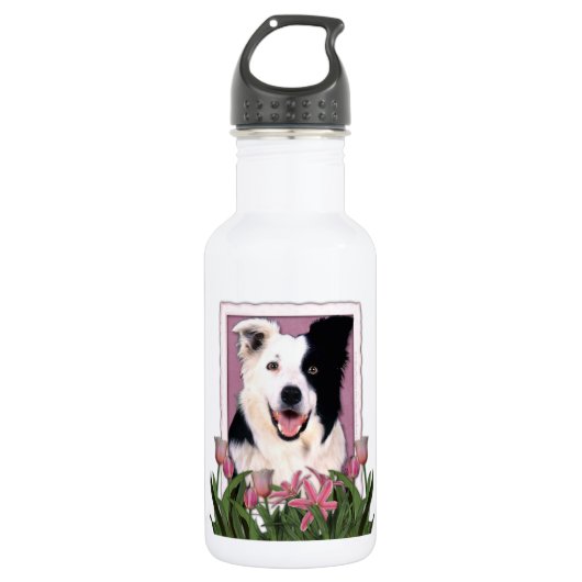 Mutter-Tag - rosa Tulpen - Border-Collie Trinkflasche (Vorderseite)