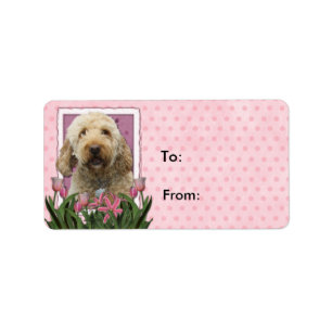 Mutter-Tag - rosa Tulpen - Goldendoodle Adressaufkleber
