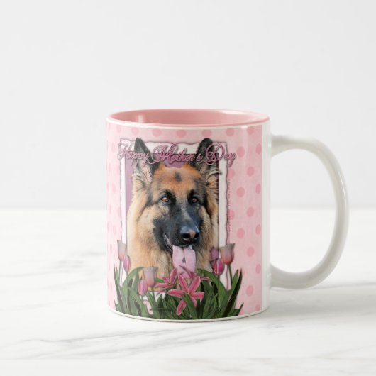 Mutter-Tag - rosa Tulpen - Schäferhund-Möglichkeit Zweifarbige Tasse (Rechts)