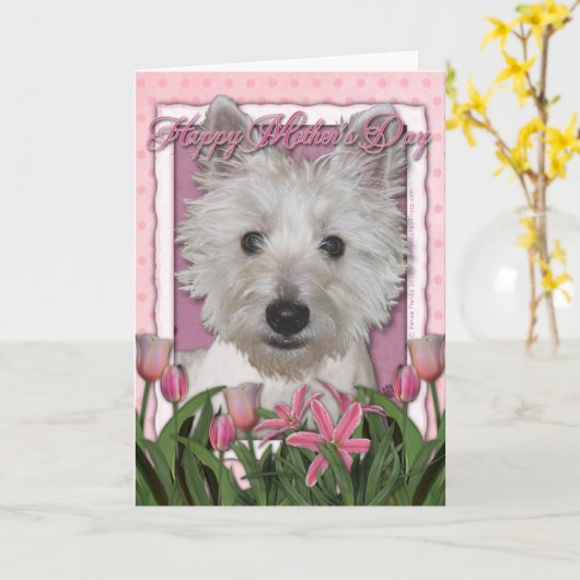 Mutter-Tag - rosa Tulpen - Westie Karte (Gelbe Blume)