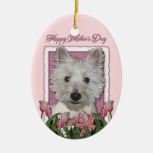 Mutter-Tag - rosa Tulpen - Westie Keramikornament