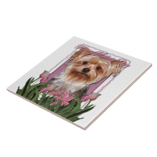 Mutter-Tag - rosa Tulpen - Yorkshire Terrier Fliese (Seite)