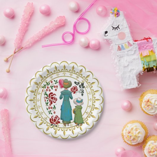 Mutter Tochter Duo Rote Rosen Blumengrün Pappteller (Party)