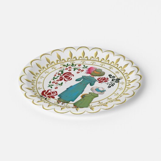 Mutter Tochter Duo Rote Rosen Blumengrün Pappteller (Schrägansicht)