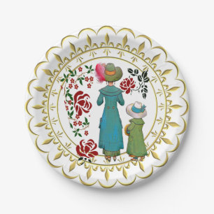 Mutter-Tochter-Duo rote Rosen Florales Grün Pappteller