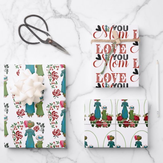 Mutter Tochter Duo Rote Rosen Liebe Sie Mama Blume Geschenkpapier Set (Vorderseite)