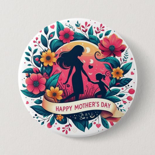 Mutter & Tochter Silhouette Floral Muttertag Button (Vorderseite)