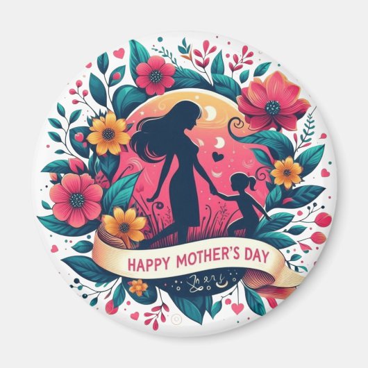 Mutter & Tochter Silhouette Floral Muttertag Magnet (Vorne)