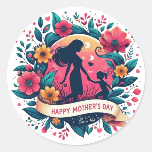 Mutter & Tochter Silhouette Floral Muttertag Runder Aufkleber (Vorderseite)