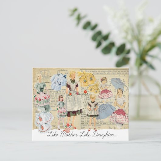 Mutter Tochter Vintage Schürze Postkarte (Stehend Vorderseite)