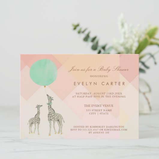 MUTTER U. DES BABY-GIRAFFEN-U. BALLON-%PIPE% EINLADUNG (Stehend Vorderseite)