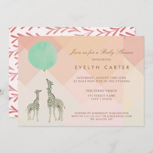 MUTTER U. DES BABY-GIRAFFEN-U. BALLON-%PIPE% EINLADUNG (Vorne/Hinten)