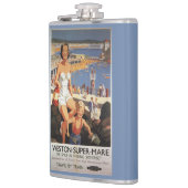 Mutter u. Sohn auf Strand-Eisenbahn-Plakat Flachmann (Links)