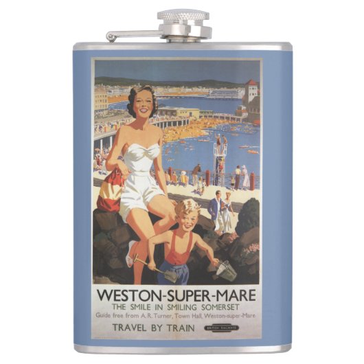 Mutter u. Sohn auf Strand-Eisenbahn-Plakat Flachmann (Vorderseite)
