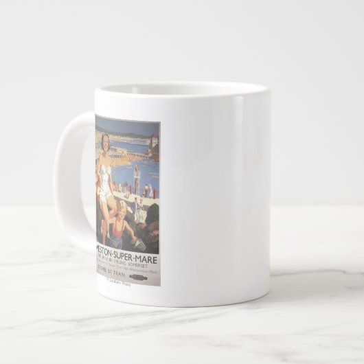 Mutter u. Sohn auf Strand-Eisenbahn-Plakat Jumbo-Tasse (Vorderseite Links)