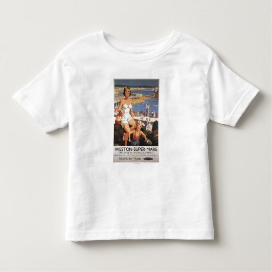 Mutter u. Sohn auf Strand-Eisenbahn-Plakat Kleinkind T-shirt (Vorderseite)