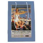 Mutter u. Sohn auf Strand-Eisenbahn-Plakat Mittlere Geschenktüte (Vorderseite)