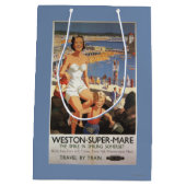 Mutter u. Sohn auf Strand-Eisenbahn-Plakat Mittlere Geschenktüte (Rückseite)