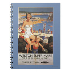 Mutter u. Sohn auf Strand-Eisenbahn-Plakat Notizblock