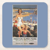 Mutter u. Sohn auf Strand-Eisenbahn-Plakat Rechteckiger Pappuntersetzer (Vorderseite)