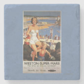 Mutter u. Sohn auf Strand-Eisenbahn-Plakat Steinuntersetzer (Vorderseite)