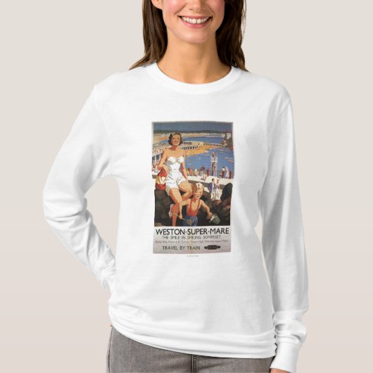 Mutter u. Sohn auf Strand-Eisenbahn-Plakat T-Shirt (Vorderseite)