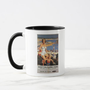 Mutter u. Sohn auf Strand-Eisenbahn-Plakat Tasse