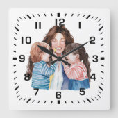 Mutter umarmt Kinder Wasserfarben Kunst Quadratische Wanduhr (Vorderseite)