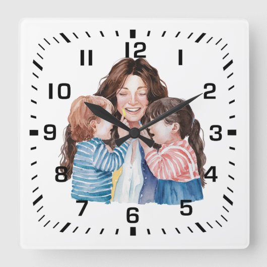 Mutter umarmt Kinder Wasserfarben Kunst Quadratische Wanduhr (Vorderseite)