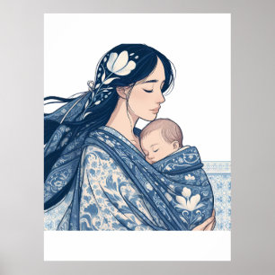 Mutter und Baby – Blaue Florale Umarmung Kunst Poster