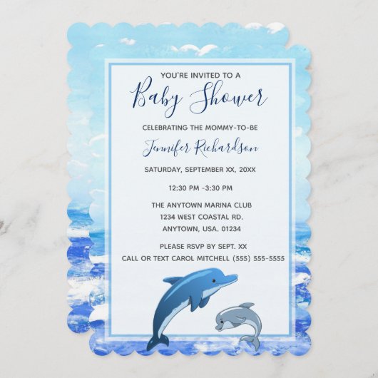Mutter und Baby Dolphin Ocean Theme Babydusche Einladung (Vorne/Hinten)