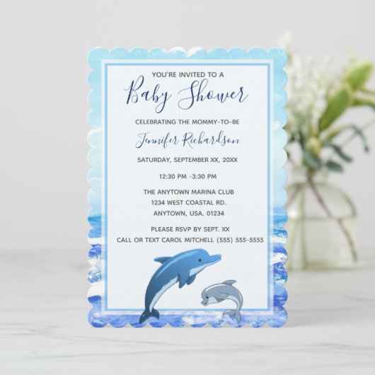 Mutter und Baby Dolphin Ocean Theme Babydusche Einladung (Stehend Vorderseite)