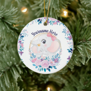 Mutter- und Baby-Elefanten-Rosé-Blumenkranz Keramik Ornament